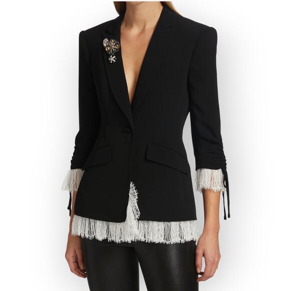 Size12 NEW CinqASept Roxie Blazer Silk LaceTrim Crepe Brooch Tailored 3/4Sleeve - Picture 1 of 16